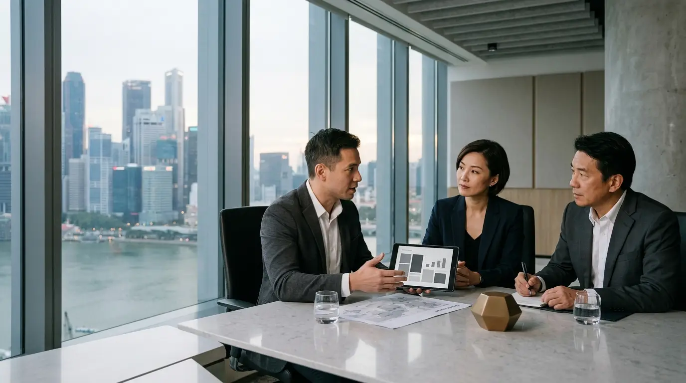 Three senior business professionals in a focused morning discussion around a boardroom table in Singapore