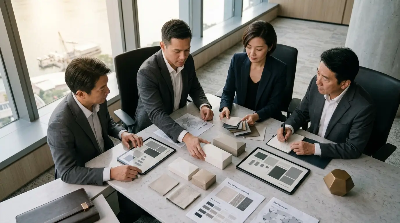 Stage three: a team collaborating around product samples, packaging and market notes